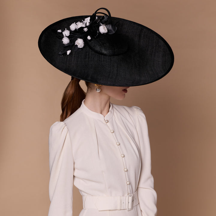 Large black fine straw disc with handmade silk flowers