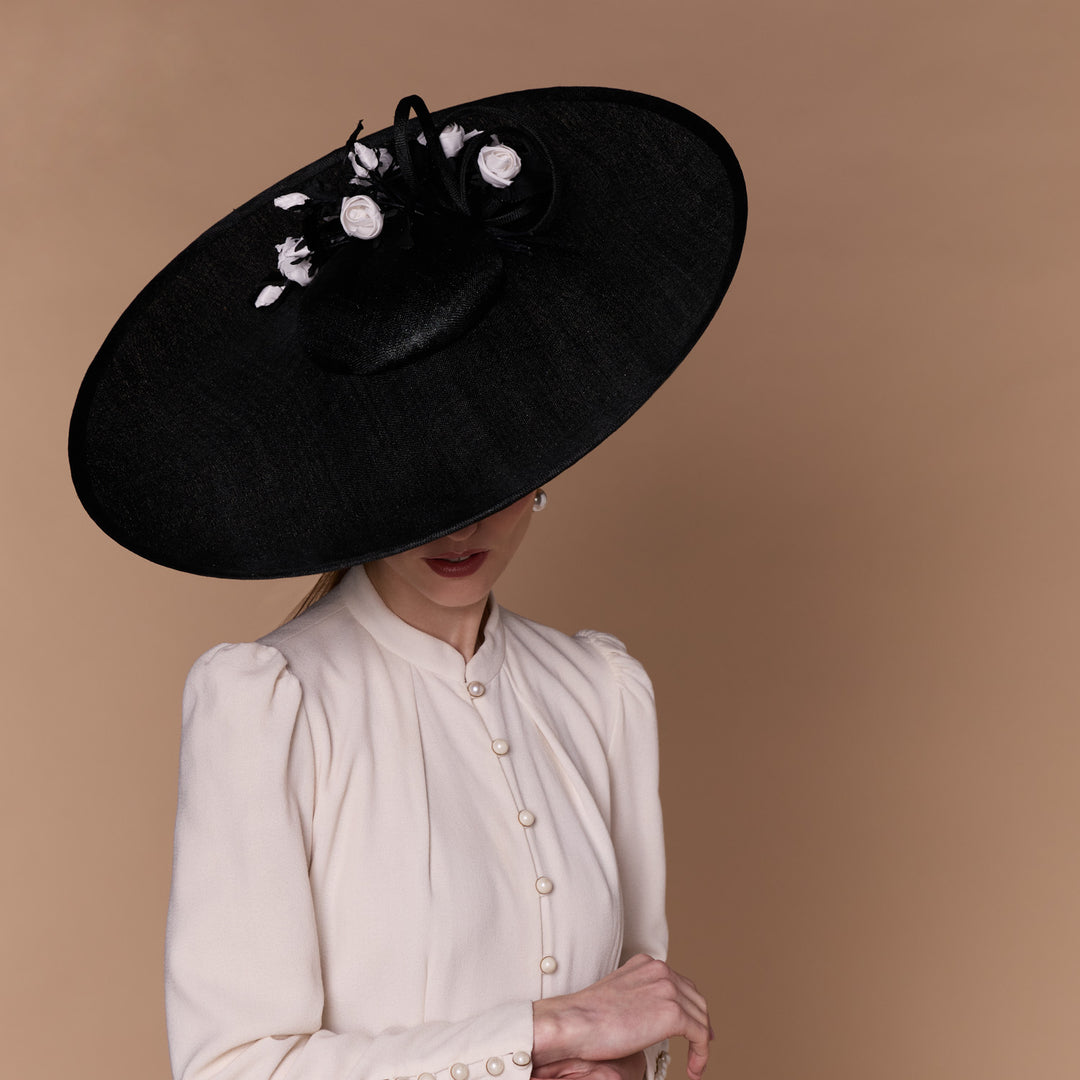 Large black fine straw disc with handmade silk flowers