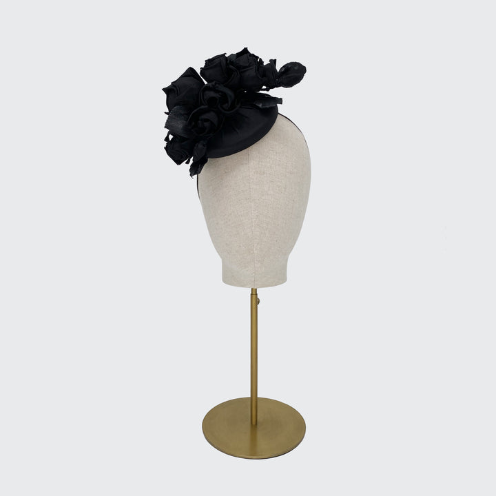 Black silk mini pillbox with silk roses