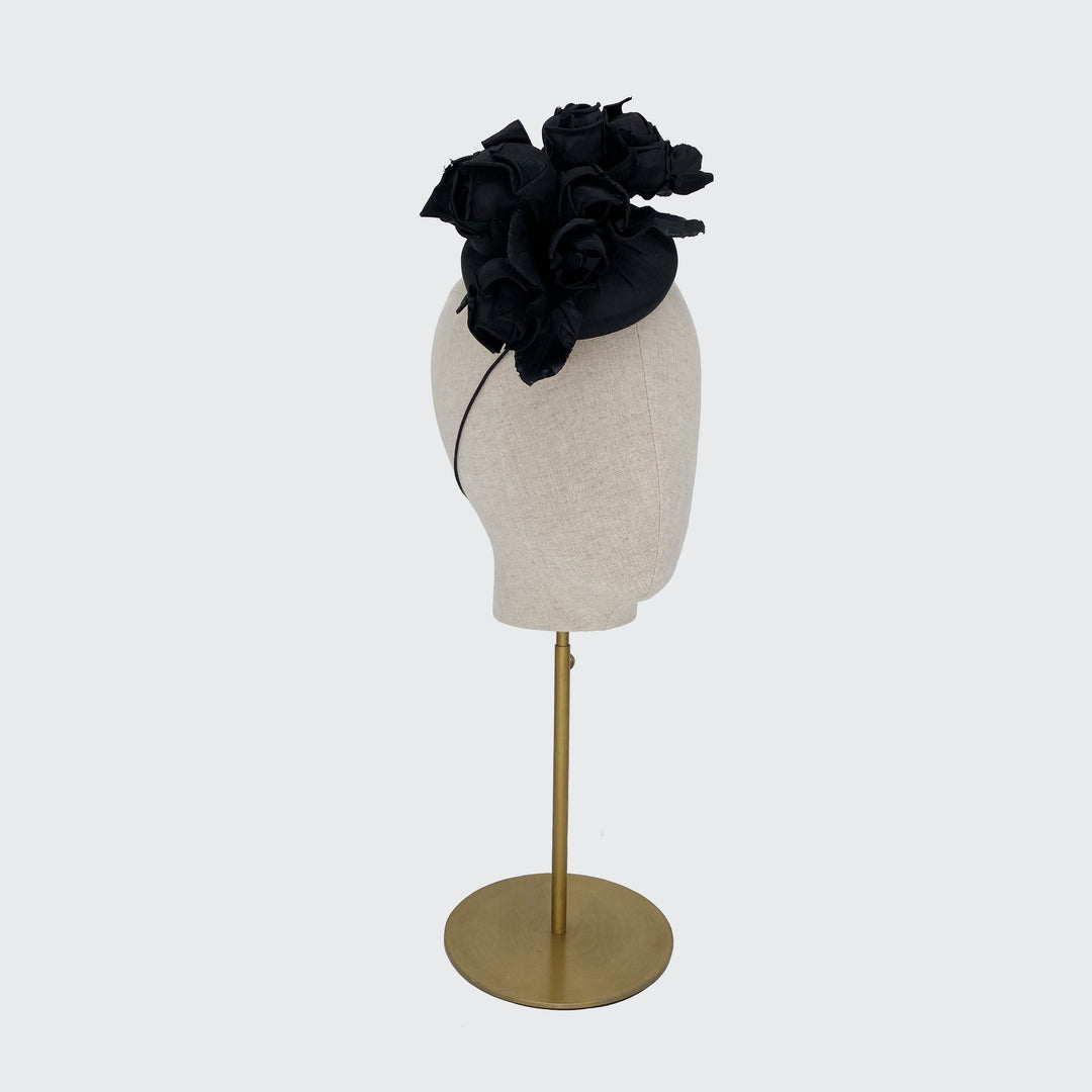 Black silk mini pillbox with silk roses