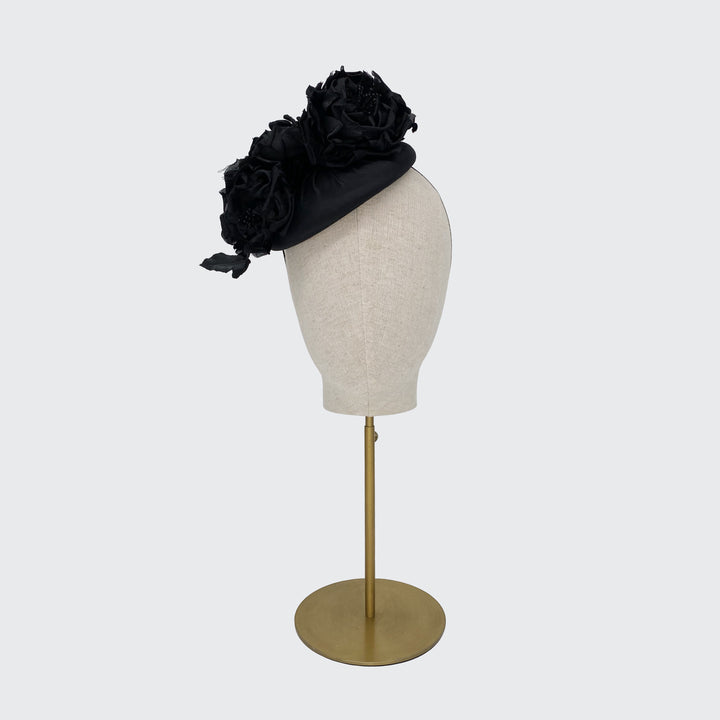 Black silk pillbox with roses