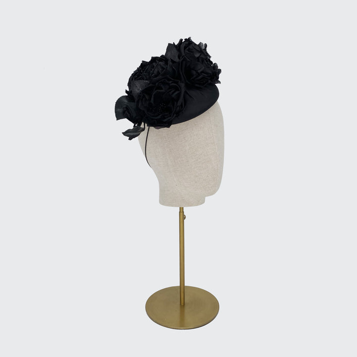 Black silk pillbox with roses