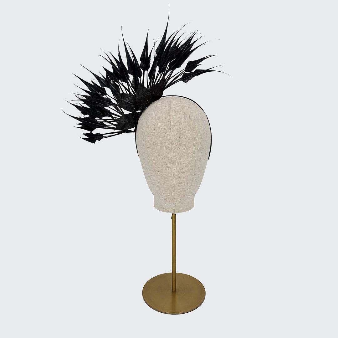 Black diamond-cut feather headdress with sparkled leaves