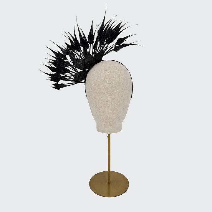 Black diamond-cut feather headdress with sparkled leaves