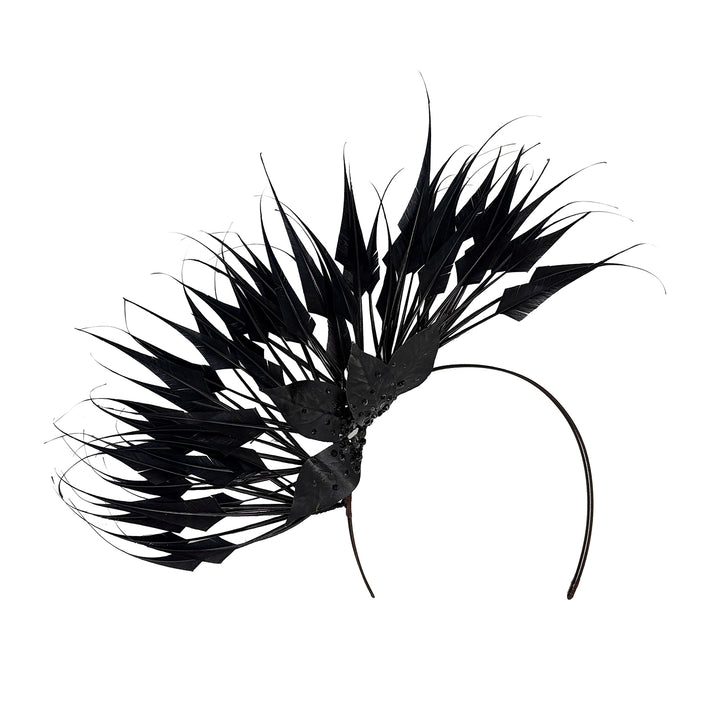 Black diamond-cut feather headdress with sparkled leaves