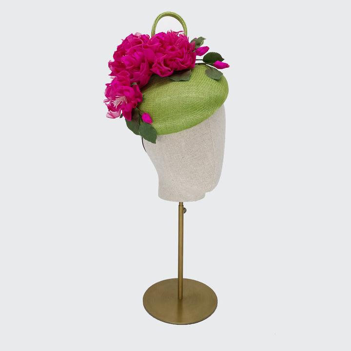 Bright green large pillbox with hot pink flowers