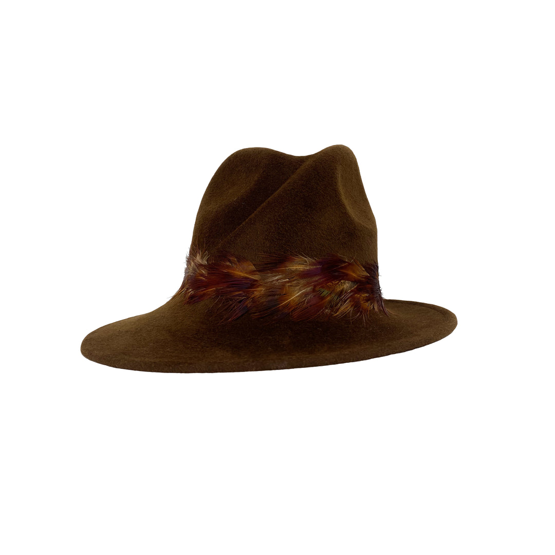 Chocolate brown trilby with feathers