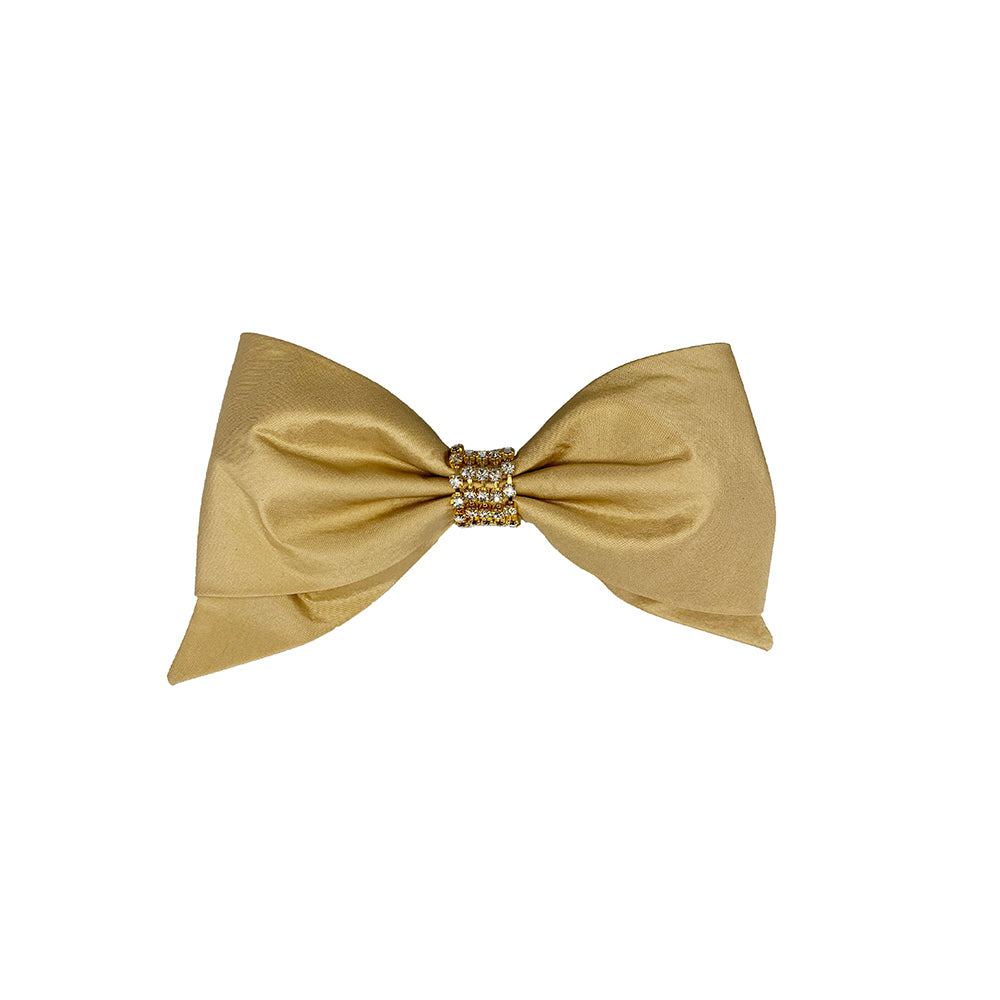 Gold silk taffeta bow hair clip with diamante detail
