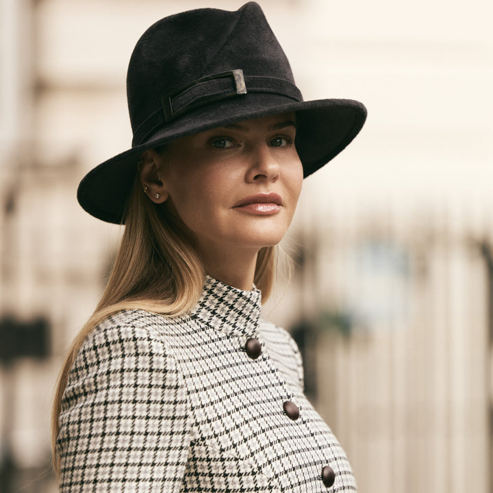 Velour felt Billie trilby with tortoiseshell buckle detail