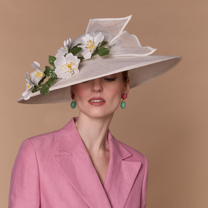 Large white downbrim with handmade silk flowers