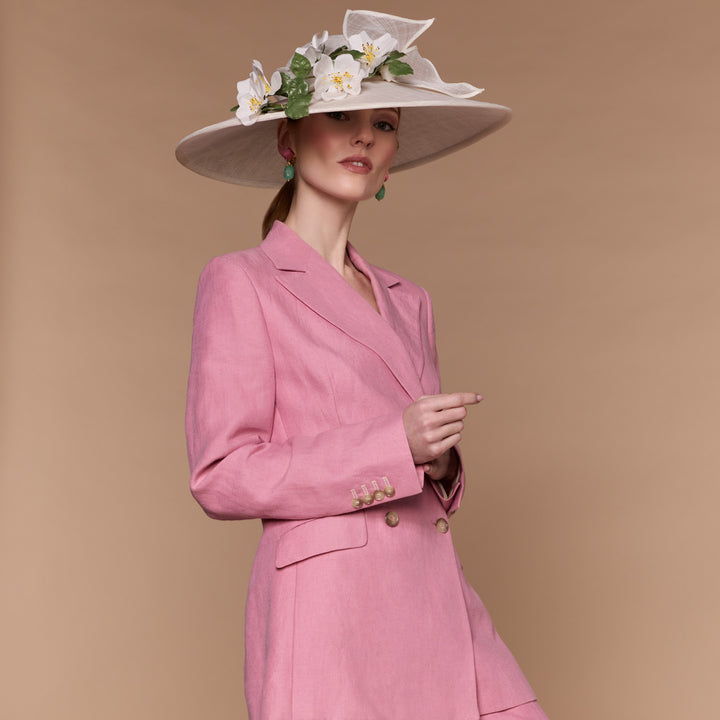 Large white downbrim with handmade silk flowers