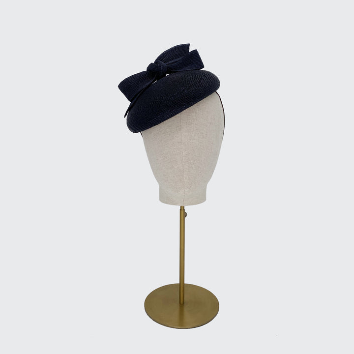 Navy Italian straw pillbox with bow