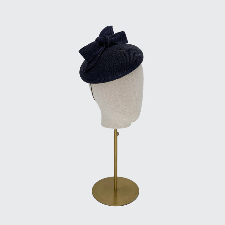 Navy Italian straw pillbox with bow