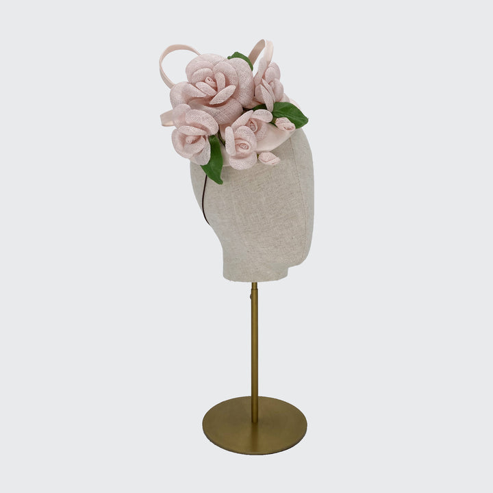 Nude pink silk pillbox with camellias