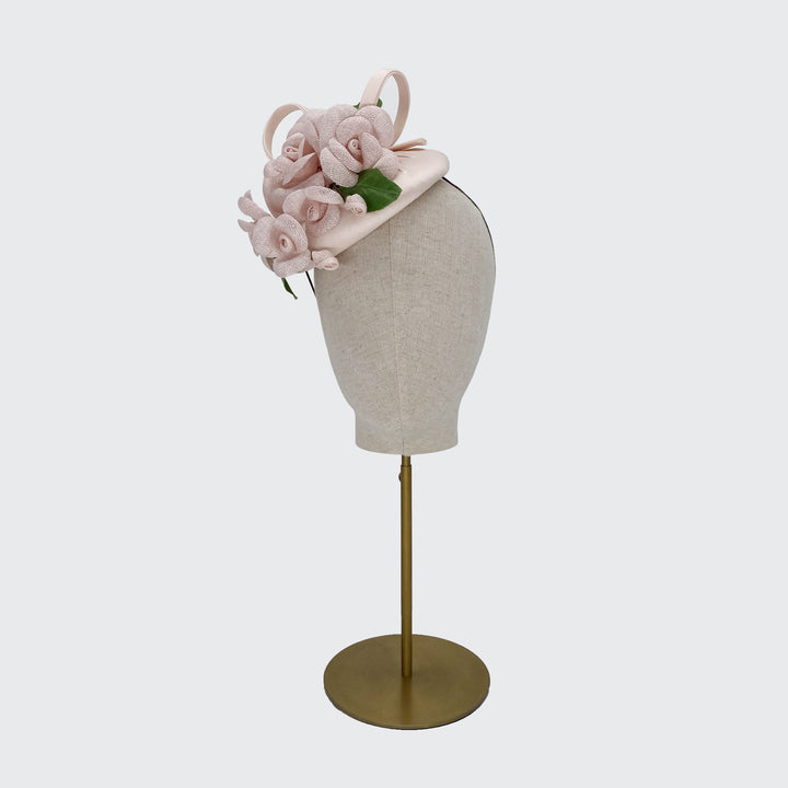 Nude pink silk pillbox with camellias