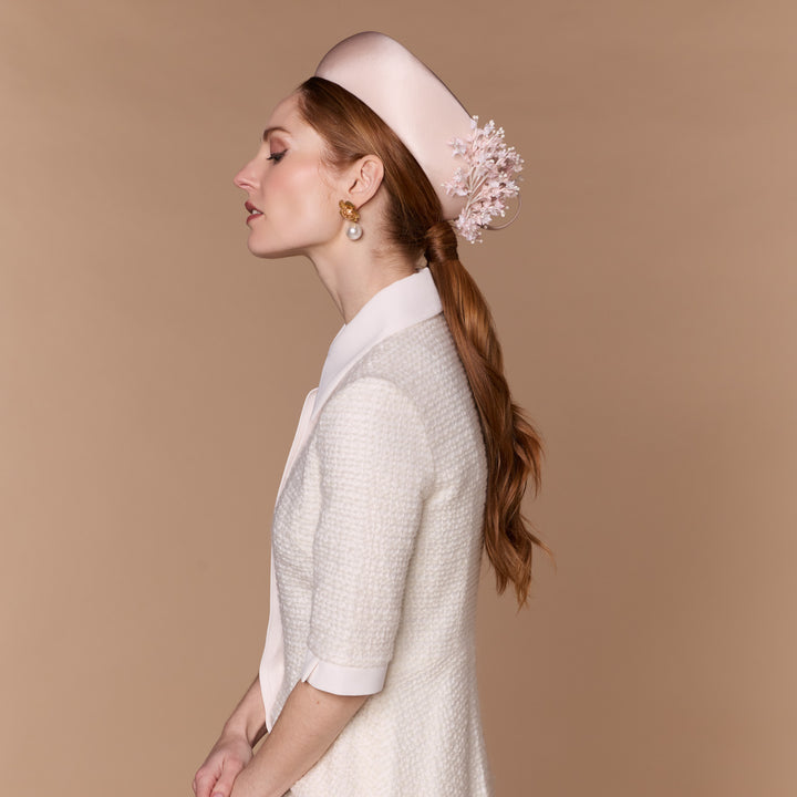 Nude pink silk Jackie O pillbox with Lily of the Valley spray