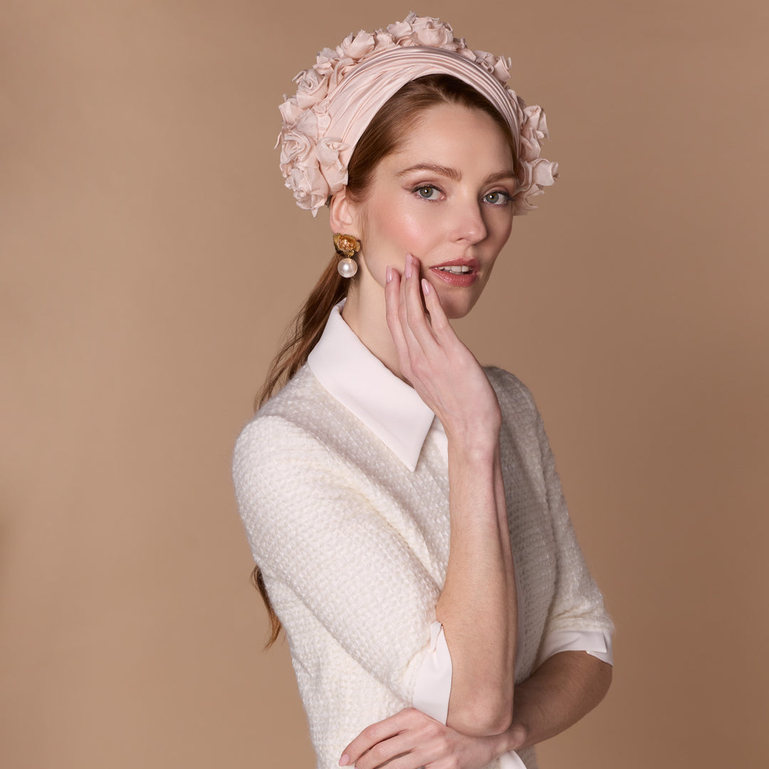 Nude silk turban crescent with petals