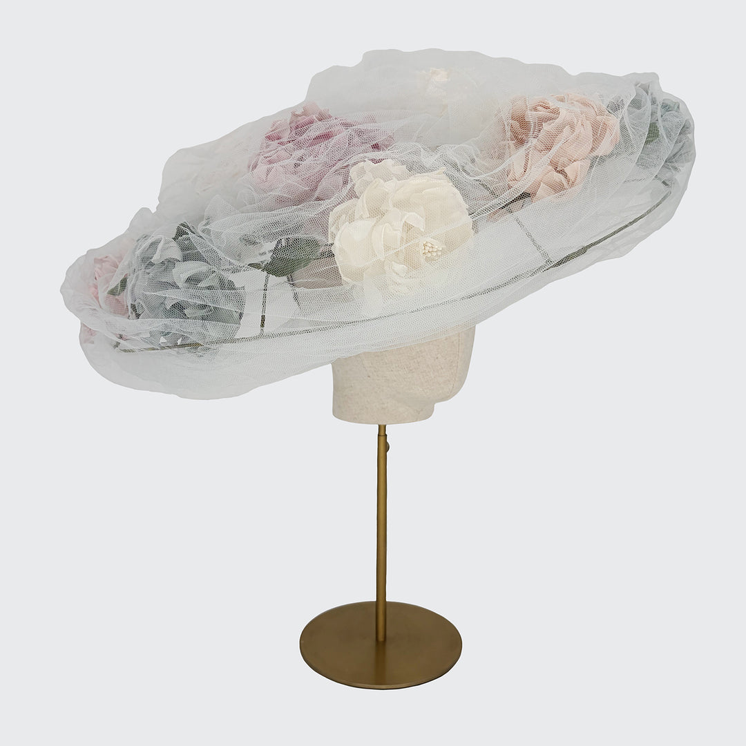Pale blue tulle bell with silk roses