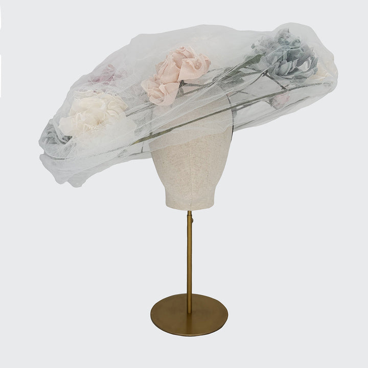 Pale blue tulle bell with silk roses