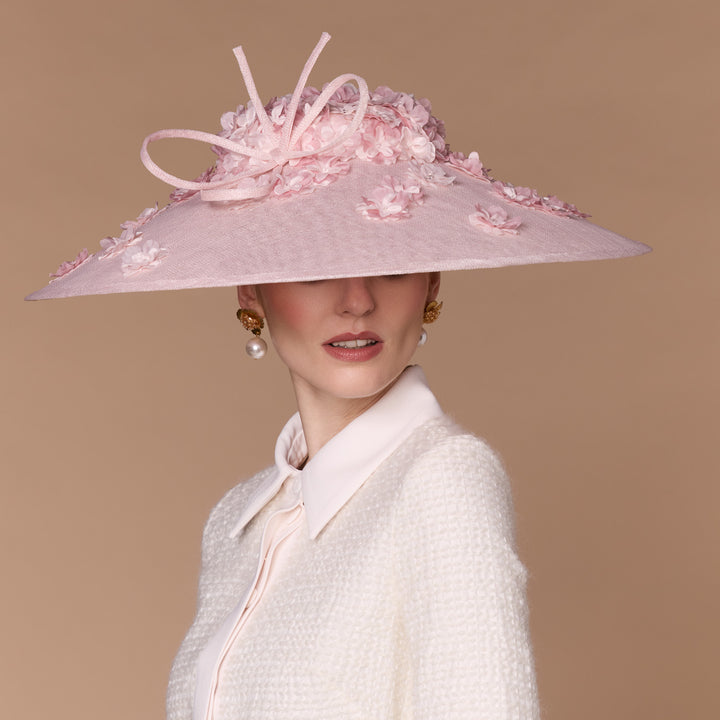 Pale pink cut through downbrim with delicate flowers
