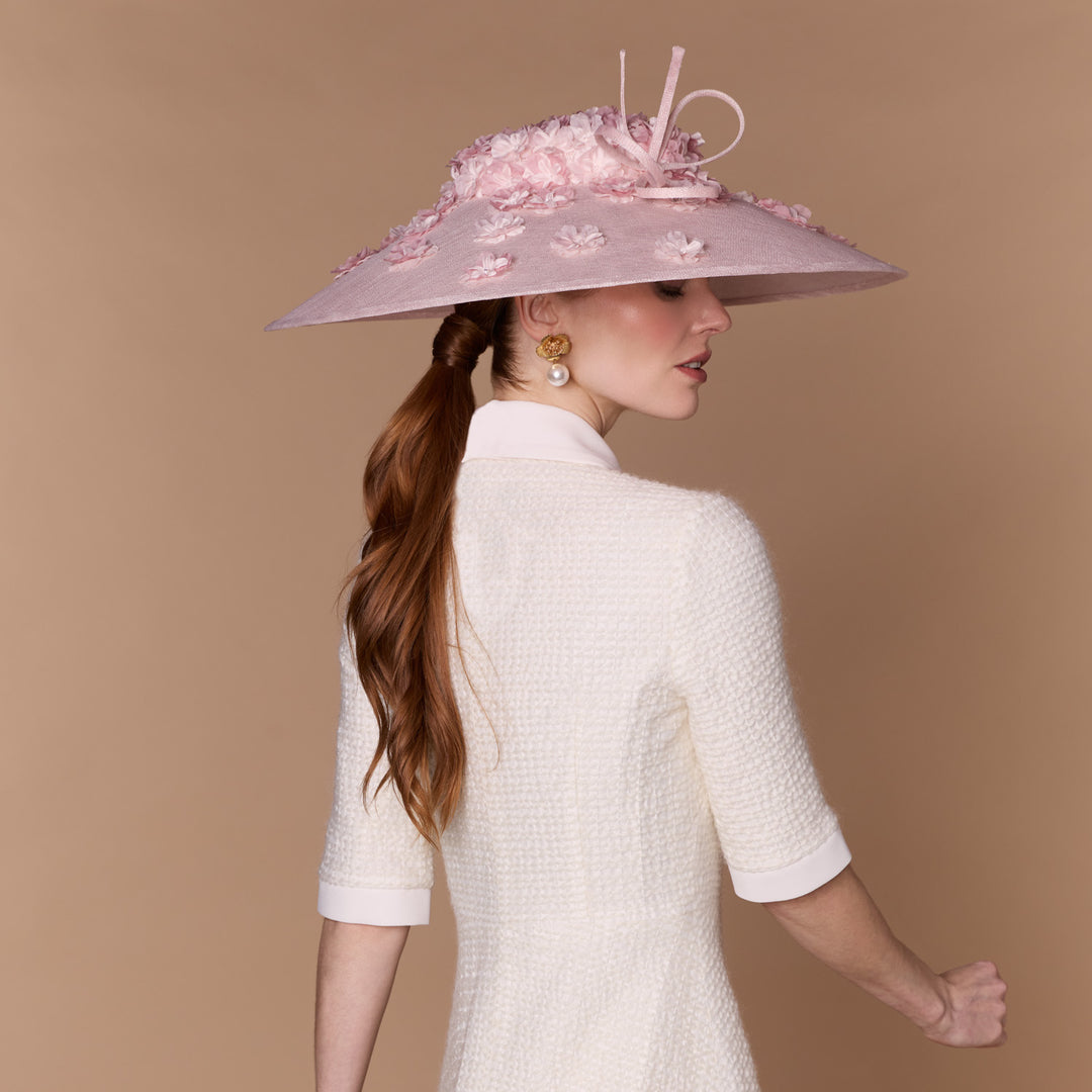 Pale pink cut through downbrim with delicate flowers