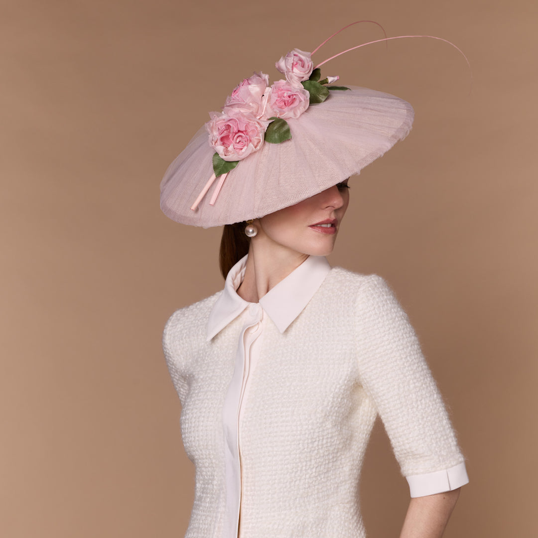 Pale pink tulle disc with handmade roses and quills
