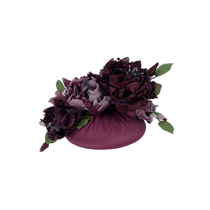 Aubergine taffeta pillbox with toned roses