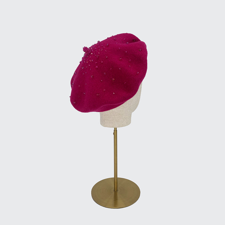 Raspberry crystal beaded beret