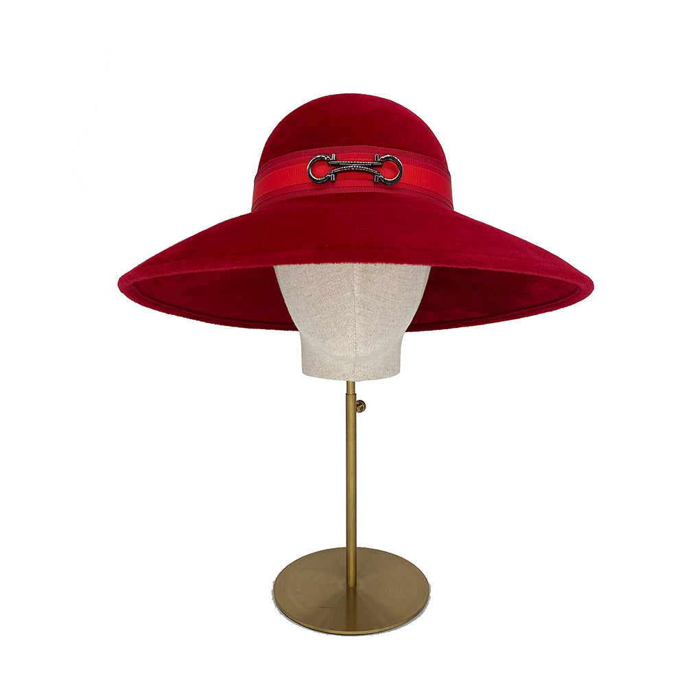 Red velour felt downbrim with a snaffle bit