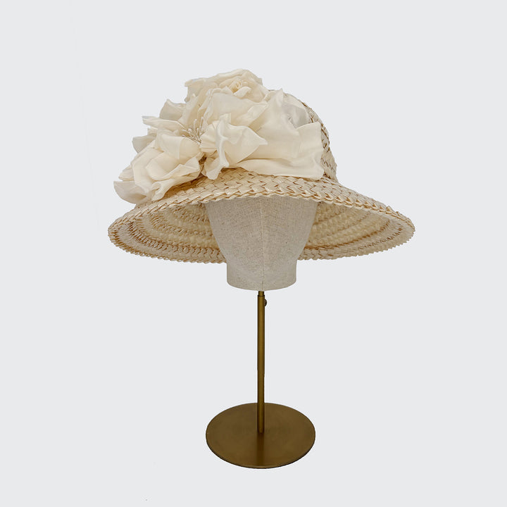 Ivory Swiss straw hat with large ivory flower