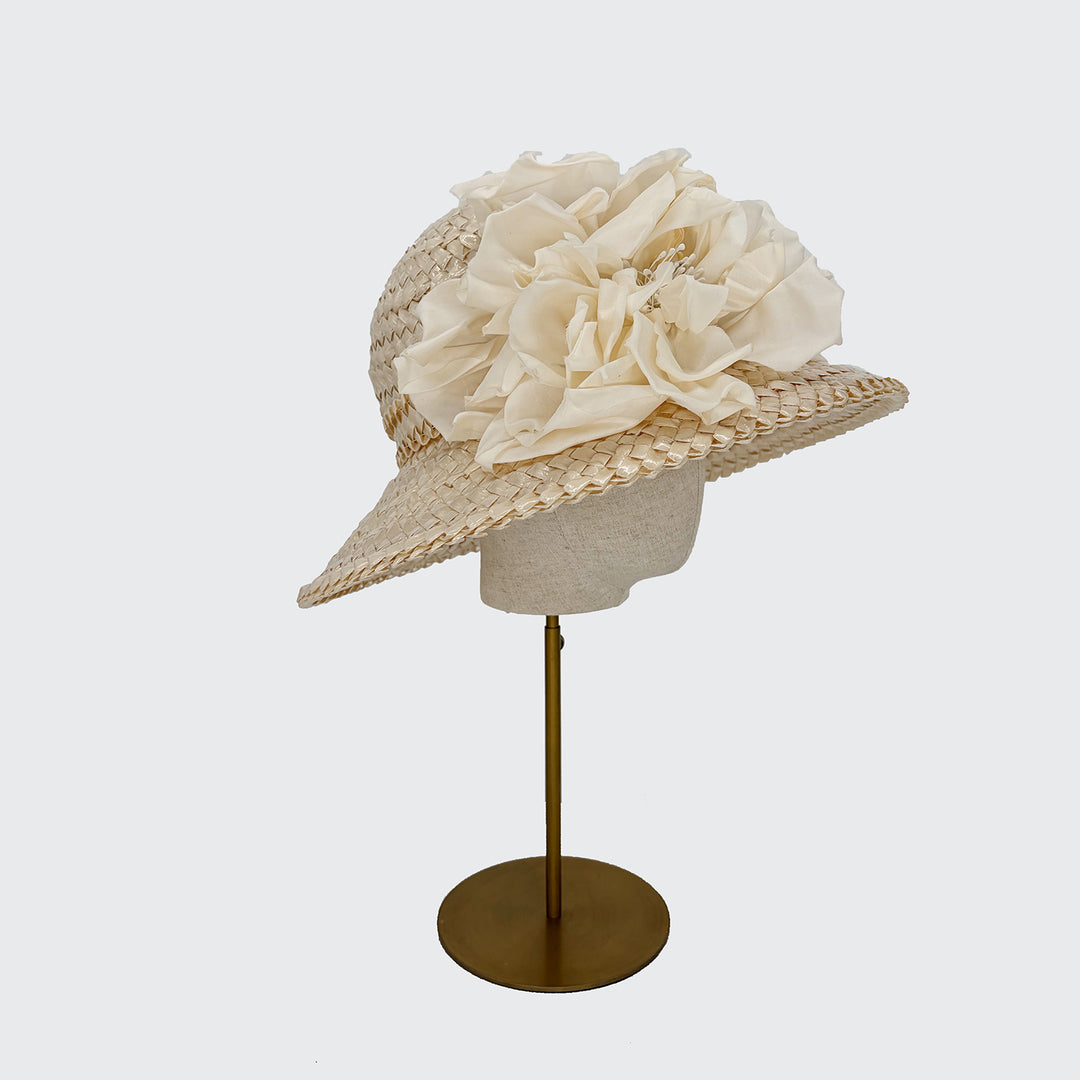 Ivory Swiss straw hat with large ivory flower