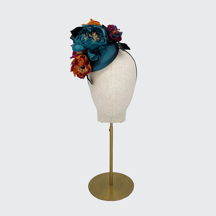 Teal silk mini pillbox with autumnal flowers