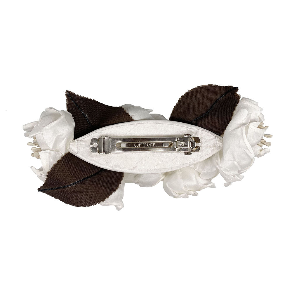 Ivory silk flower hair clip with brown velvet leaves