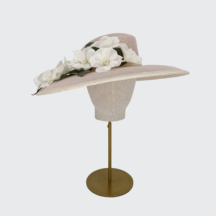 Pale pink and ivory fine straw hat and ivory flowers