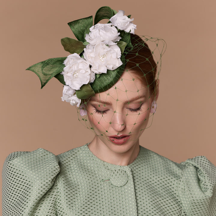Green mini pillbox with silk roses with face veil