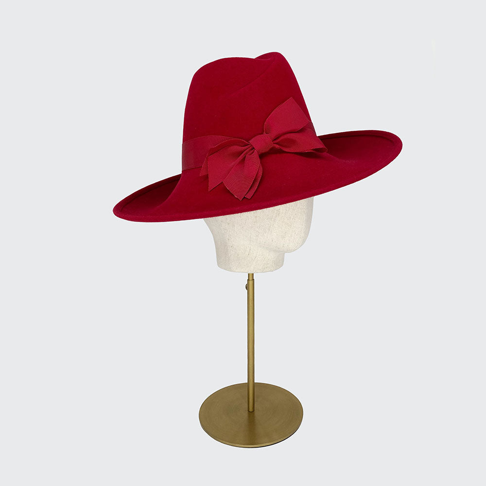 Red felt high crown fedora with bow