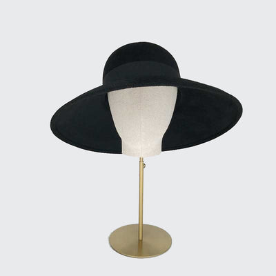 Black velour felt downbrim with grosgrain ribbon and gold leaf