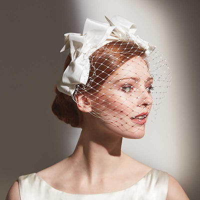 Silk taffeta bow headband with face veil
