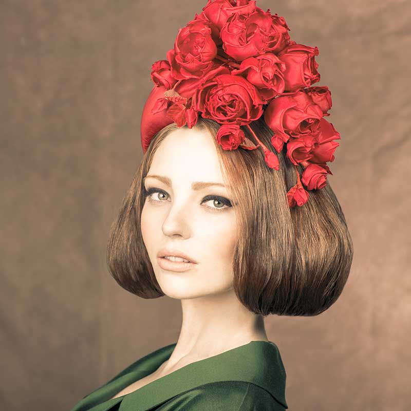 Red silk teardrop pillbox with cascading roses