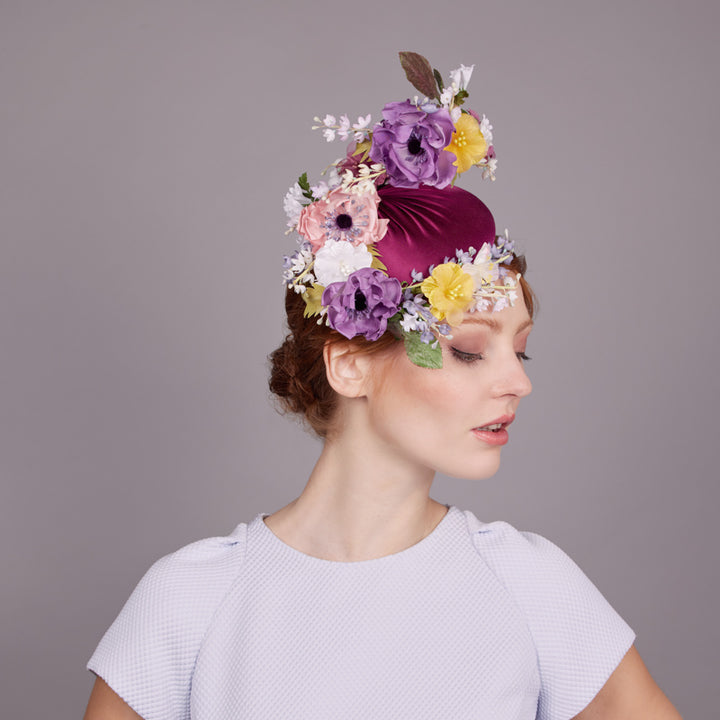 Deep pink satin pillbox with wildflowers