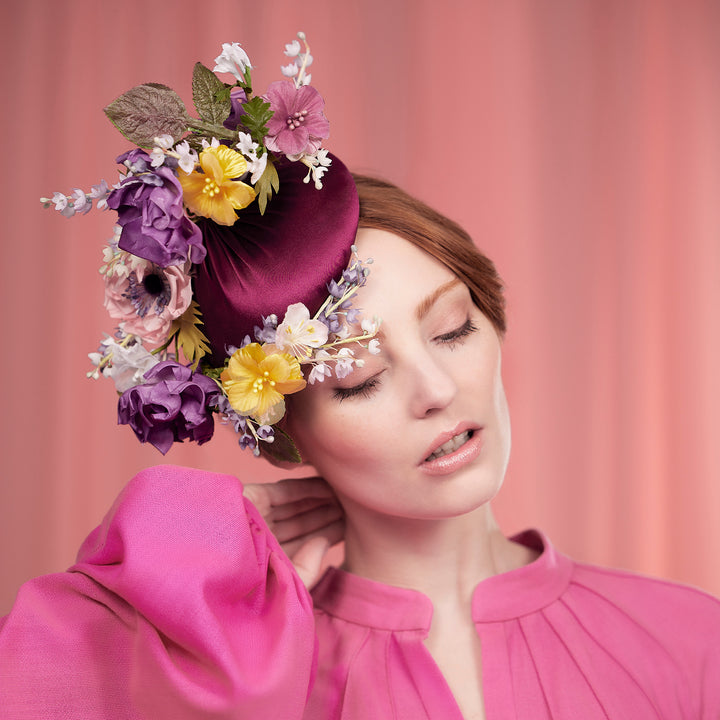 Deep pink satin pillbox with wildflowers