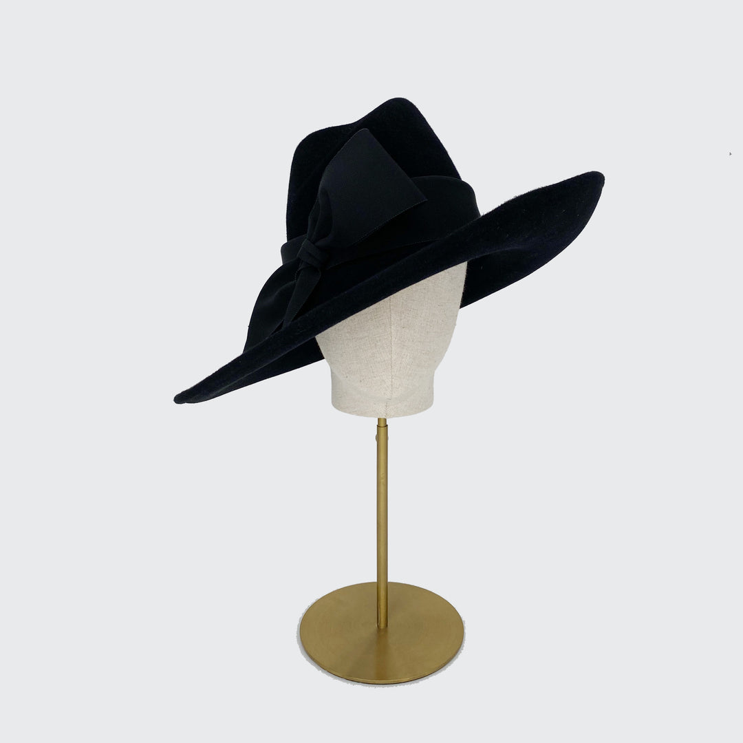 Photo of a black high crown velour felt fedora with wide grosgrain band