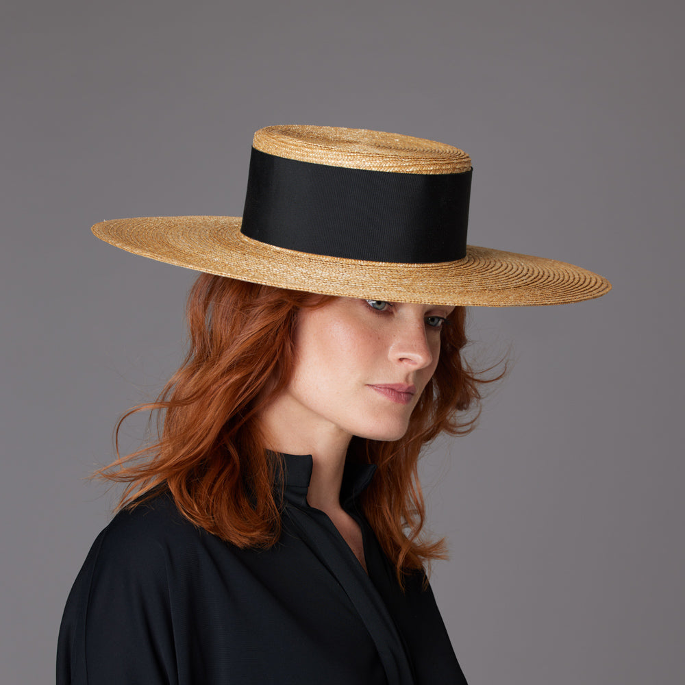 Italian straw boater with wide grosgrain band