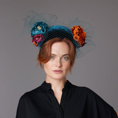 Teal velvet headband with multicolour flowers and face veil