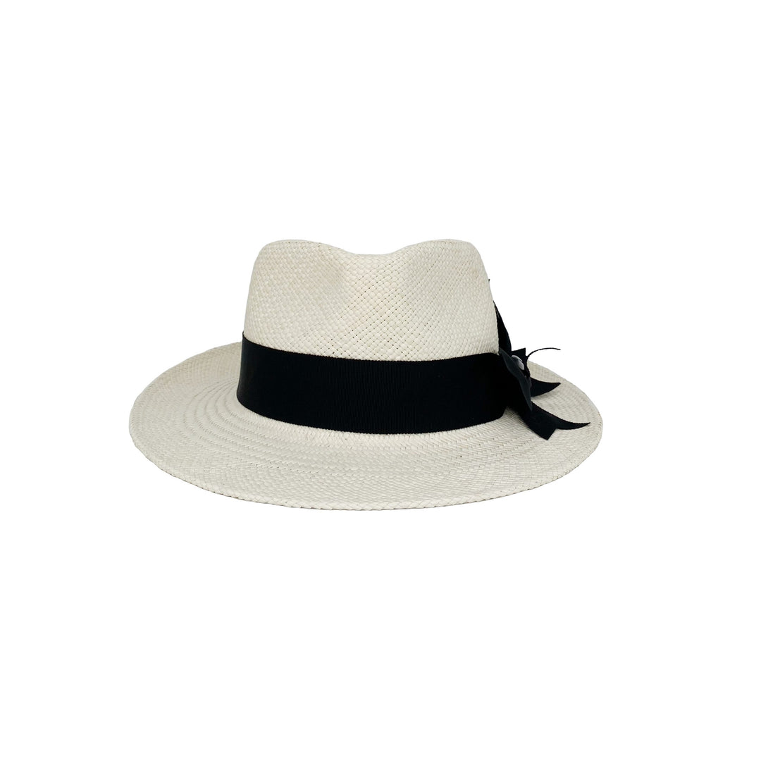 Photo of a white panama trilby with a black grosgrain double bow