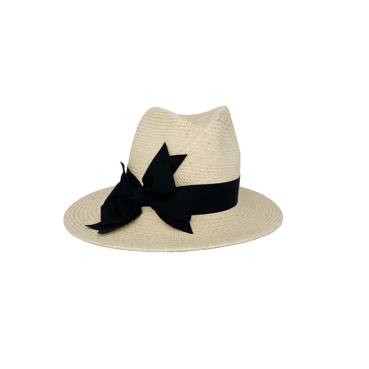 Photo of a natural high crown trilby with a black double bow