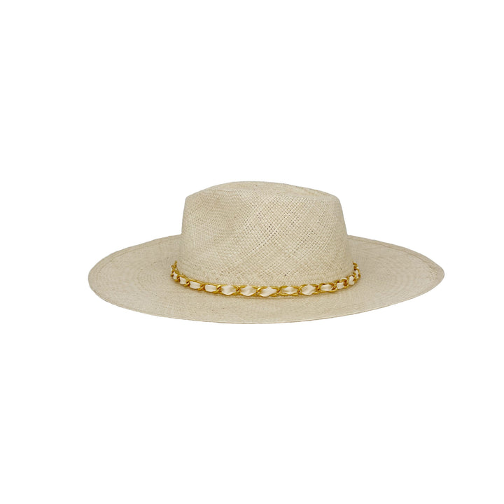 Side view of a wide brim fedora with a gold chain detail