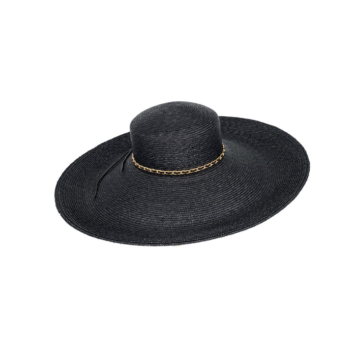 Photo of a black Italian straw hat with a gold chain detail