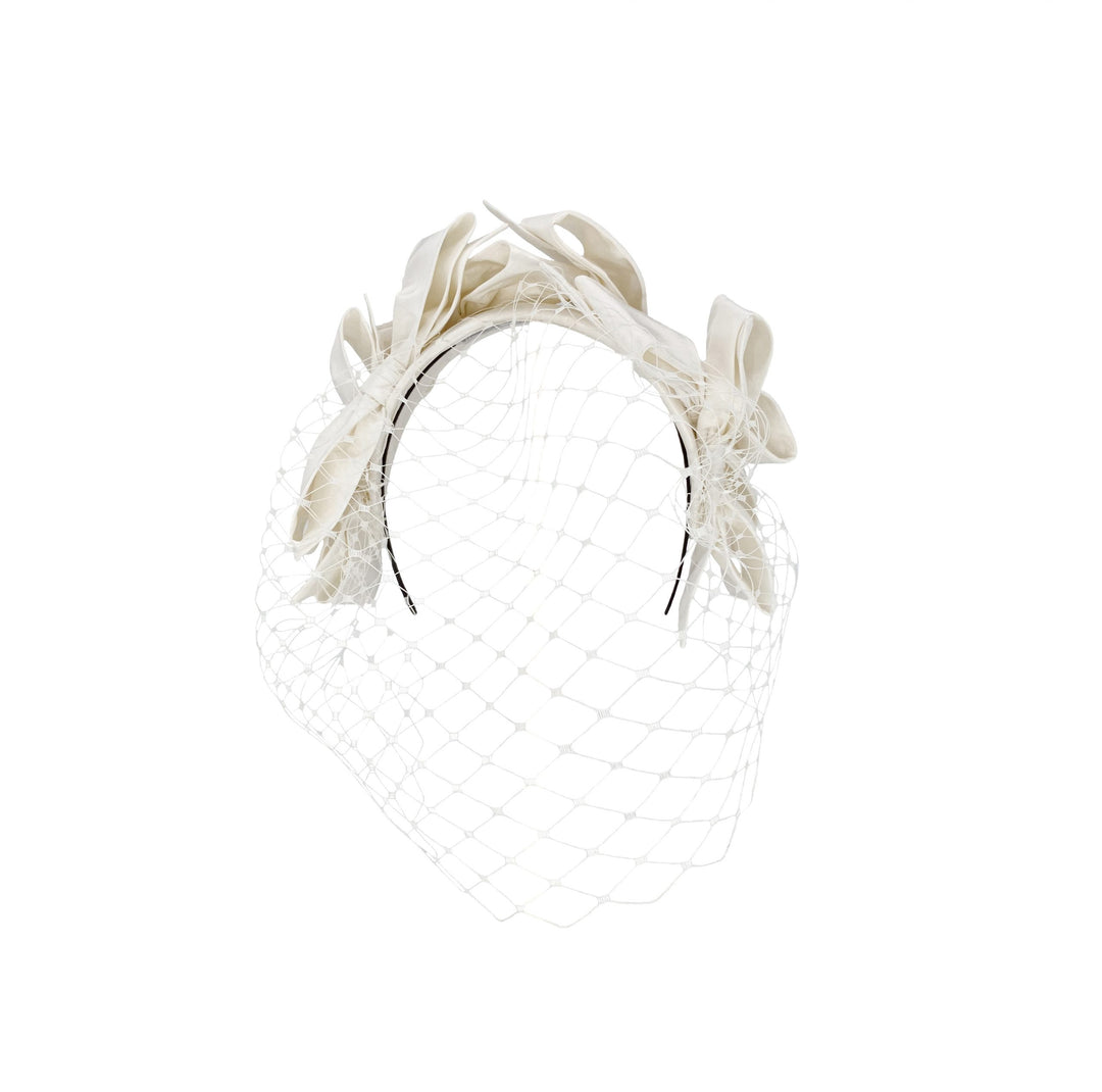 Ivory bridal silk bow headband with veil