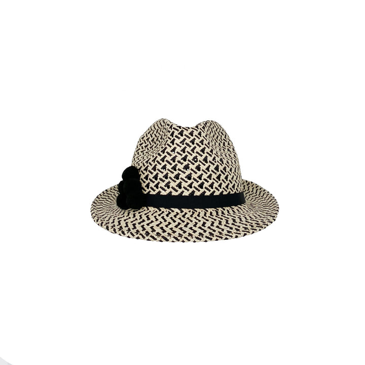 Photo of a natural and black pattern trilby with pom poms
